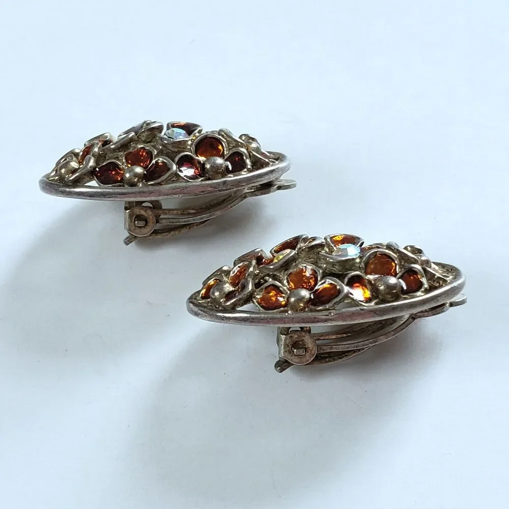 Vintage Earrings Silvertone Floral Enamel Rhinestone Classic Midcentury Clip Ons